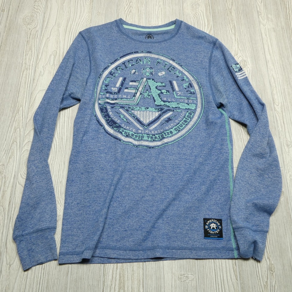 American Fighter Shirt Adult XL Blue Long Sleeve Waffle Knit Thermal MMA Martial